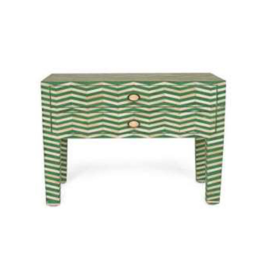 Green Bone Inlay 2 Drawer Side Table Chevron